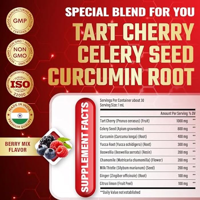 Tenmido Tart Cherry Extract Liquid Drops - 9in1 with Celery Seed, Curcumin, Yucca Root, Boswellia, Chamomile, Milk Thistle, Ginger, and Citrus Limon - Vegan, Non-GMO - 30ml 1 Fl Oz - Image 3