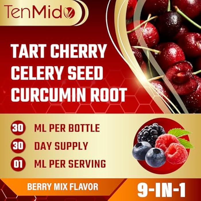 Tenmido Tart Cherry Extract Liquid Drops - 9in1 with Celery Seed, Curcumin, Yucca Root, Boswellia, Chamomile, Milk Thistle, Ginger, and Citrus Limon - Vegan, Non-GMO - 30ml 1 Fl Oz - Image 2