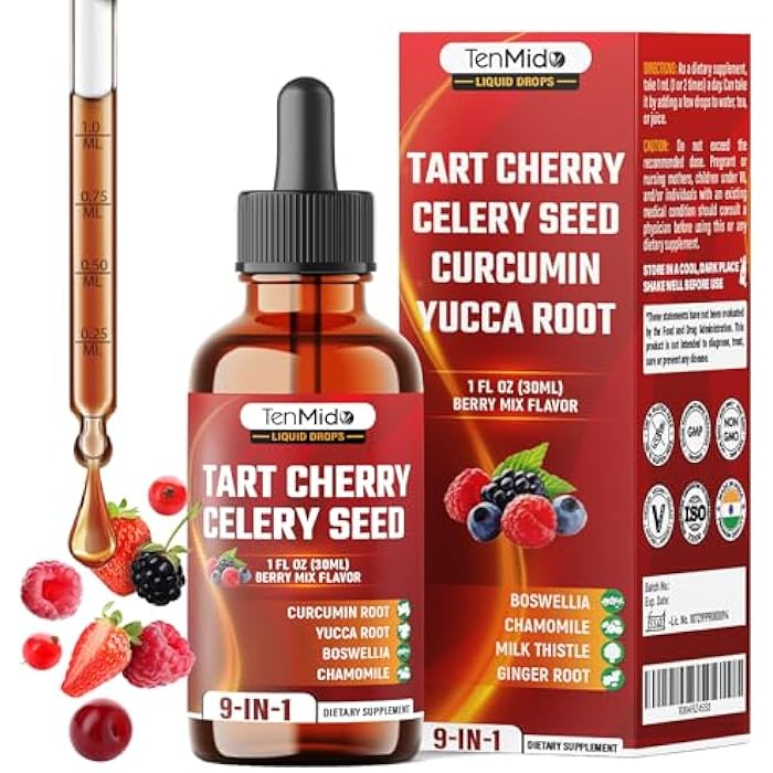 Tenmido Tart Cherry Extract Liquid Drops - 9in1 with Celery Seed, Curcumin, Yucca Root, Boswellia, Chamomile, Milk Thistle, Ginger, and Citrus Limon - Vegan, Non-GMO - 30ml 1 Fl Oz - Image 1