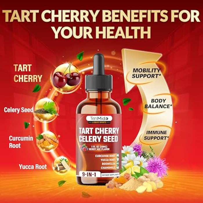 Tenmido Tart Cherry Extract Liquid Drops - 9in1 with Celery Seed, Curcumin, Yucca Root, Boswellia, Chamomile, Milk Thistle, Ginger, and Citrus Limon - Vegan, Non-GMO - 30ml 1 Fl Oz - Image 5