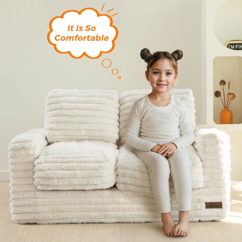 MAXYOYO Extra Wide Kids Bean Bag Chair, Comfy Faux Fur Bean Bag Sofa with Filler, Upholstered Floor Sofa with Pillows and Armrests, Lazy Floor Chair Couch for Boys and Girls, Grey - Image 4