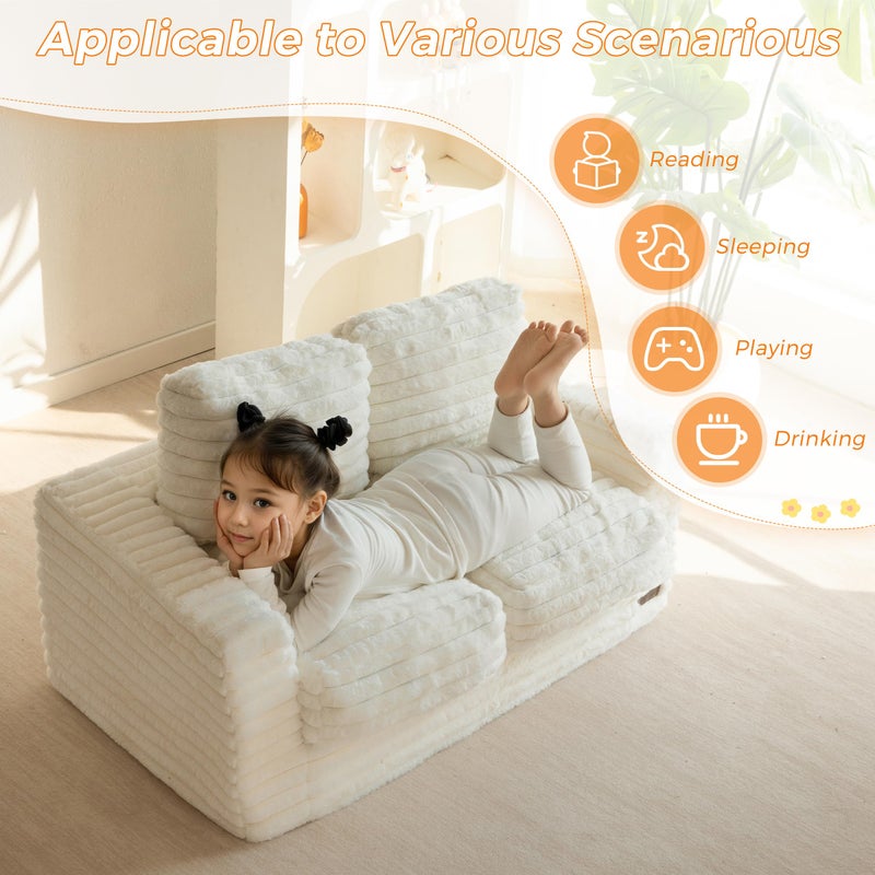 MAXYOYO Extra Wide Kids Bean Bag Chair, Comfy Faux Fur Bean Bag Sofa with Filler, Upholstered Floor Sofa with Pillows and Armrests, Lazy Floor Chair Couch for Boys and Girls, Grey - Image 3