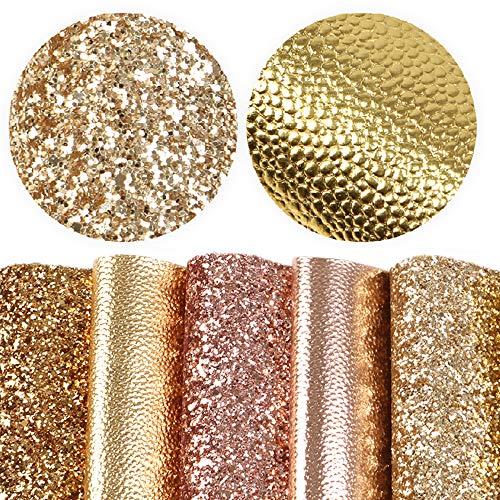 David accessories Chunky Glitter Faux Leather Sheets Metallic Grain Texture Pattern Fabric Crafts 5Pcs 77 x 129 20 cm x 33 cm for DIY Bows Clips Making Materials Gold Series