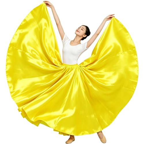 Backgarden Bright Yellow 20 Yard Elegant Satin Long Full Skirt Belly Dance Performance Costume - Image 1