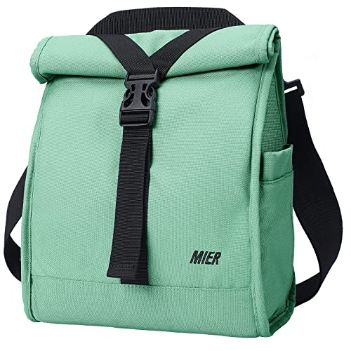 MIER Insulated Lunch Bag Roll Top Lunchbox for Women Men Adults Foldable Rolltop Lunch Tote with Shoulder Strap for Work Office Picnic Water Bottle Holder Green
