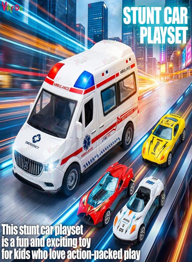Vikrida Big Ambulance Track Vehicle Toy with Foldable Ejection Race Track & 3 Pcs Die cast Cars for Kids - Multicolor - Image 3