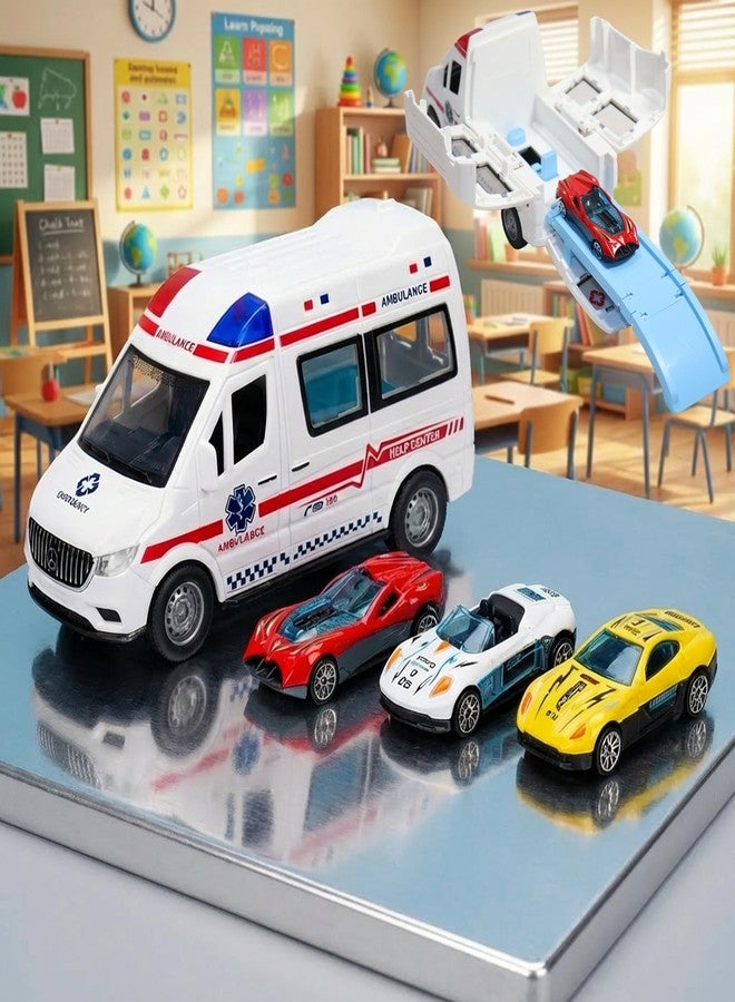 Vikrida Big Ambulance Track Vehicle Toy with Foldable Ejection Race Track & 3 Pcs Die cast Cars for Kids - Multicolor - Image 1