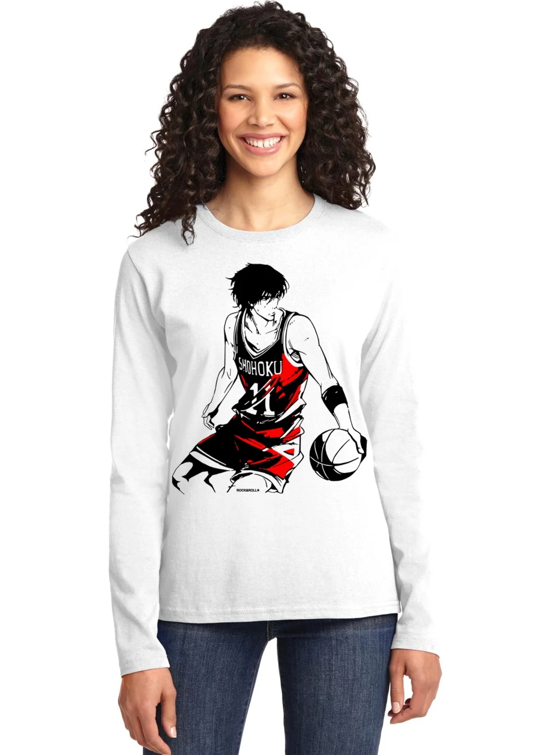 Rock&Roll Handsome Basketball Player Crew Neck White Long Sleeve Combed Cotton Women's T-Shirt