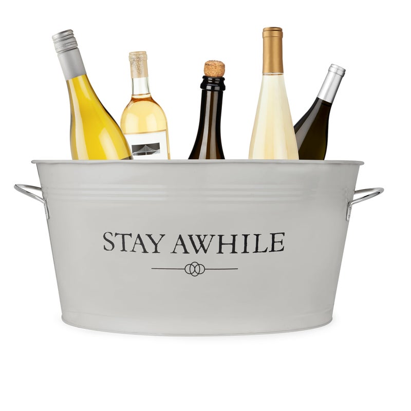 Twine Twine Stay Awhile White Painted Galvanized Ice Bucket  Metal Tub  Beverage Ice Barrel Tub for Parties in 63Gallon Capacity 