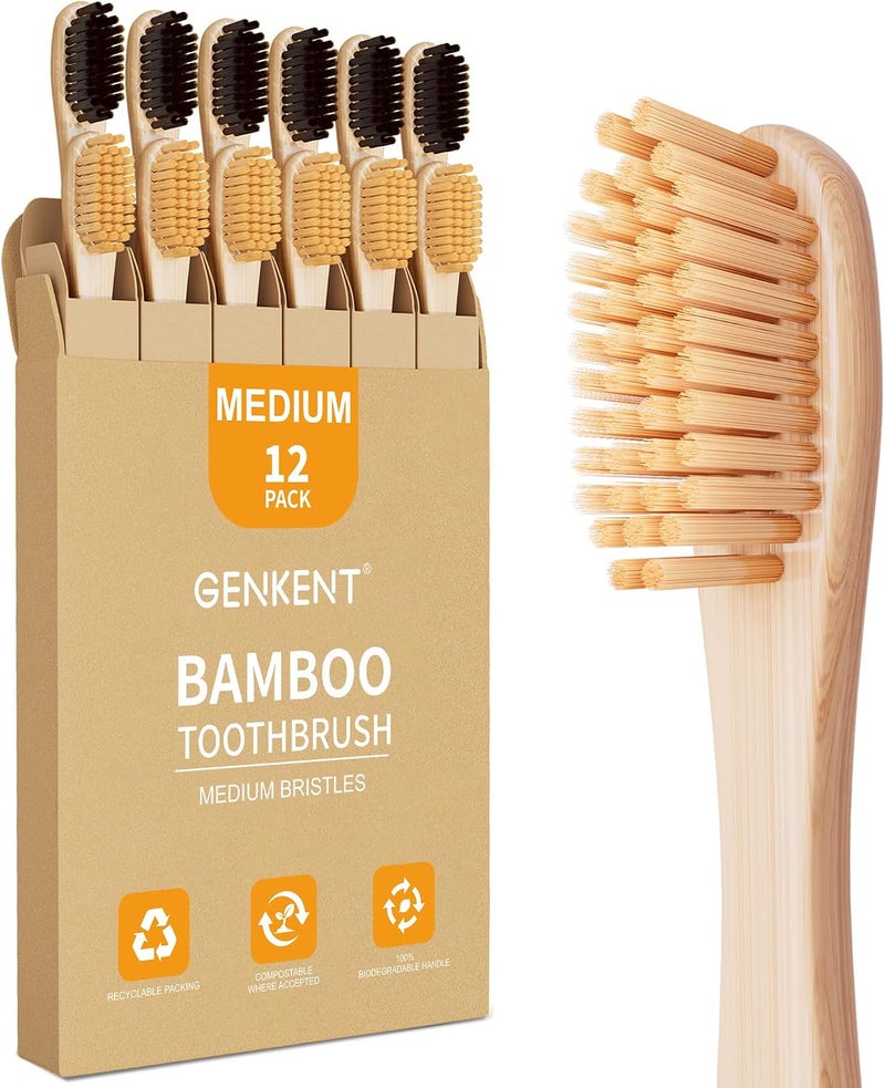 genkent Medium Bristle Bamboo Toothbrushes for Adults, 12 Pack, 0.2mm Bristles - Image 1