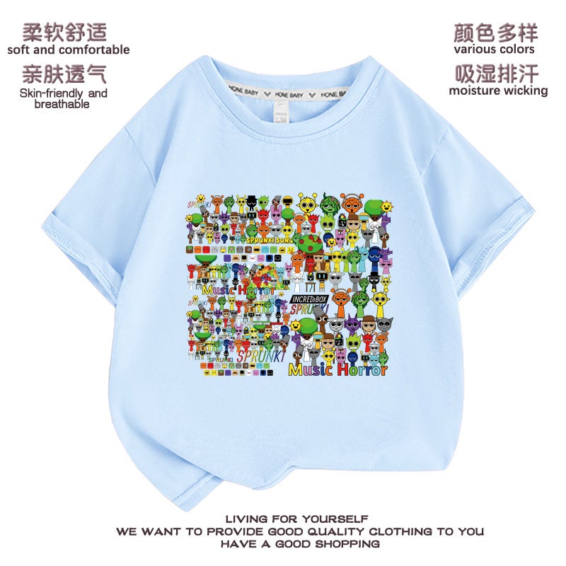 Rhythm Box T-Shirt Sprunki Short-Sleeved Children'S Clothes For Boys And Girls Pure Cotton Casual Children'S Clothing Student Printed Top - Image 2
