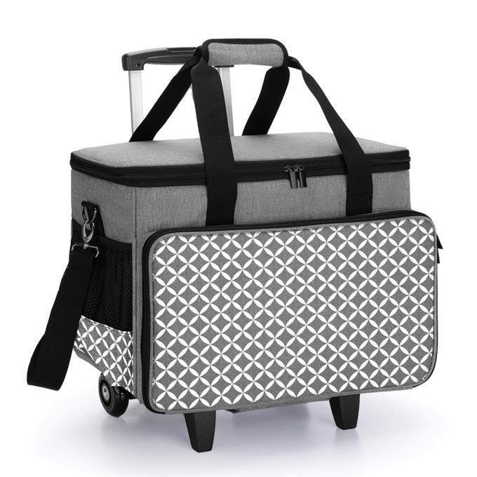 DETACHABLE ROLLING SEWING MACHINE CARRYING CASE SEWING QUILTING TOTE BAG WITH TROLLEY AND REMOVABLE BOTTOM BOARD FOR MOST STANDARD SEWING MACHINE AND ACCESSORIES GRAY WITH GRID
