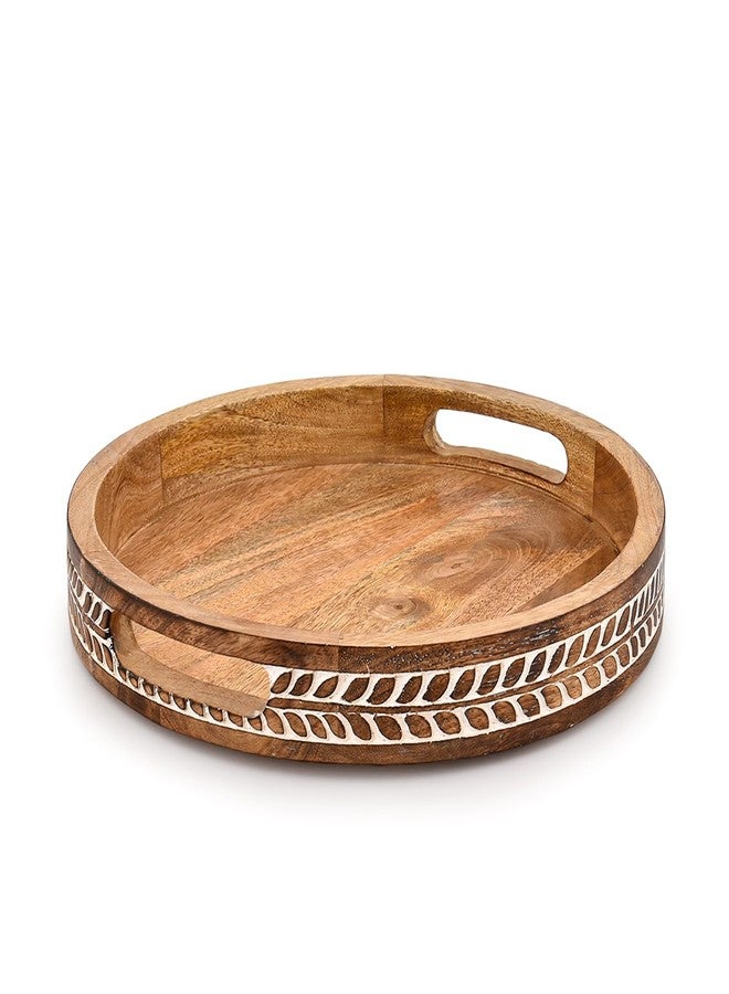 Kaizen Casa Platter Mango Wood Round Wood Decorative Platter Vintage Centerpiece with Handles for Serving Beverages & Food (12" x 12" x 1.6") - Image 3