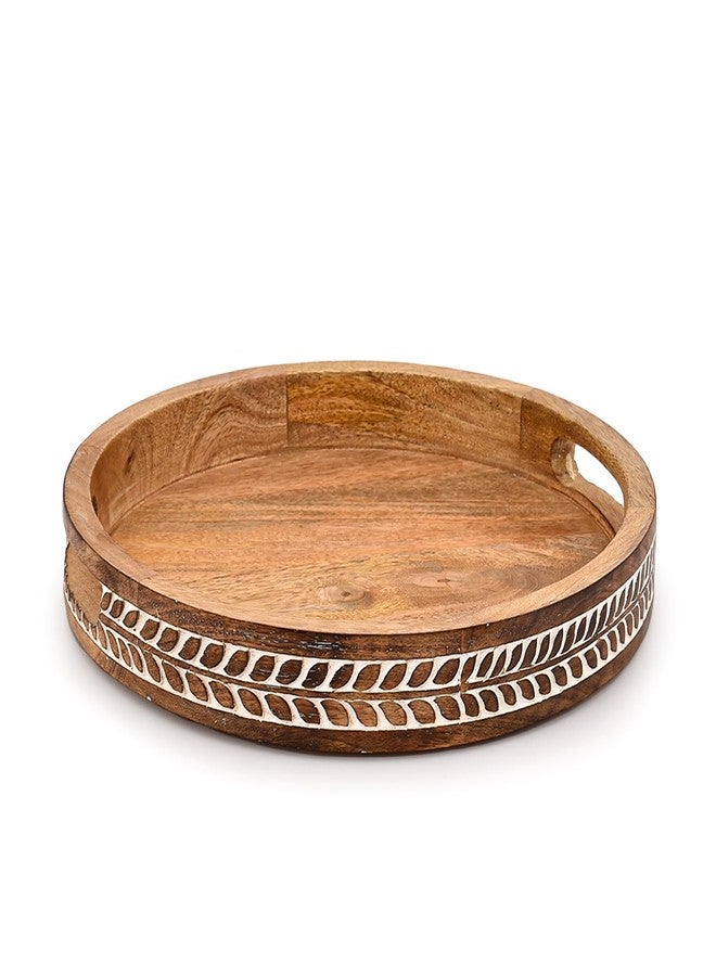 Kaizen Casa Platter Mango Wood Round Wood Decorative Platter Vintage Centerpiece with Handles for Serving Beverages & Food (12" x 12" x 1.6") - Image 1