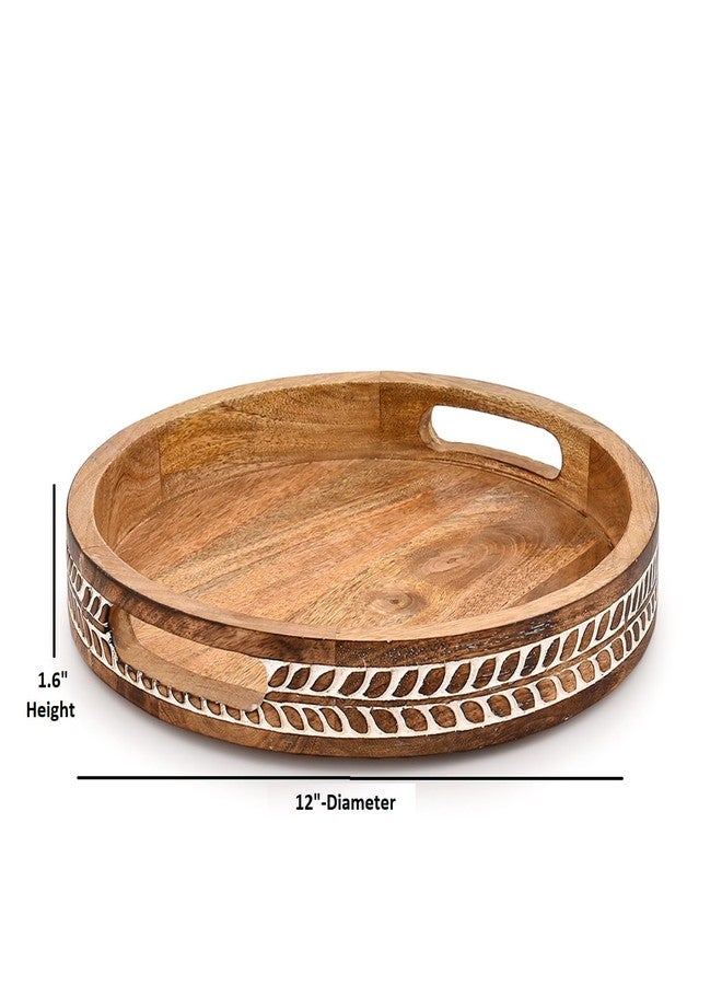 Kaizen Casa Platter Mango Wood Round Wood Decorative Platter Vintage Centerpiece with Handles for Serving Beverages & Food (12" x 12" x 1.6") - Image 5