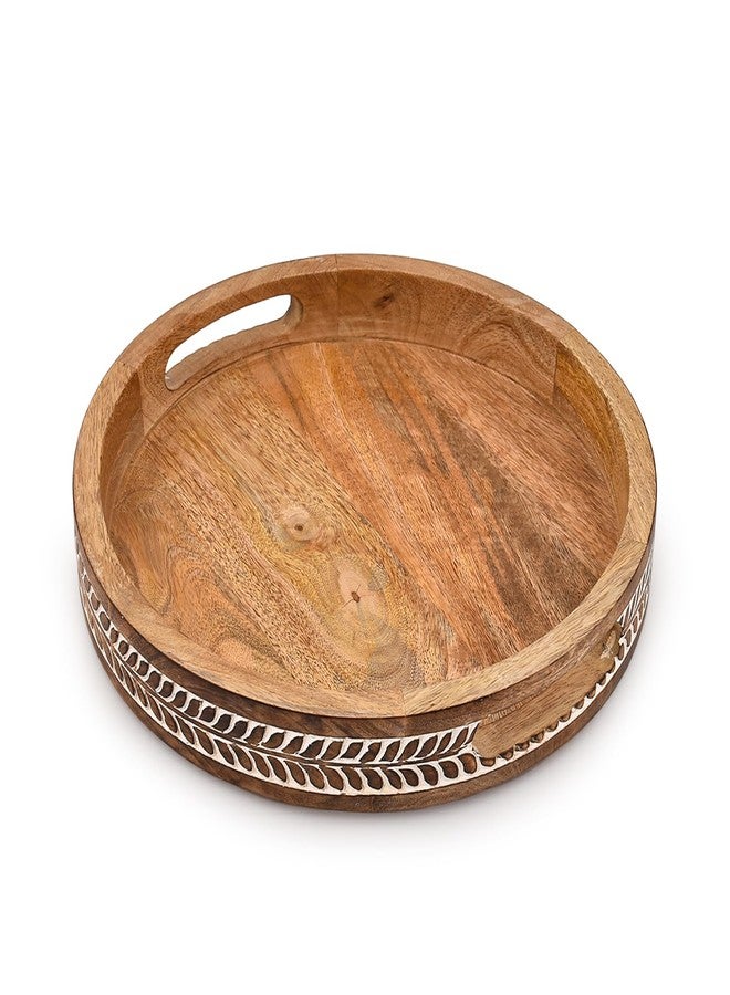 Kaizen Casa Platter Mango Wood Round Wood Decorative Platter Vintage Centerpiece with Handles for Serving Beverages & Food (12" x 12" x 1.6") - Image 2