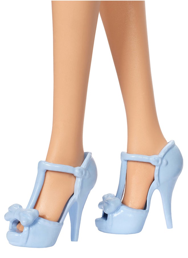 Barbie Fashionistas Doll #237 with Wavy Blonde Ponytail Wearing Blue Bow Halter Dress, Black Hair Bow Accessory and Matching Blue Heels  - Image 3