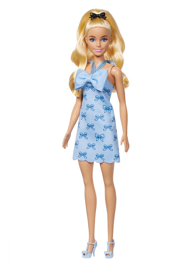 Barbie Fashionistas Doll #237 with Wavy Blonde Ponytail Wearing Blue Bow Halter Dress, Black Hair Bow Accessory and Matching Blue Heels  - Image 5