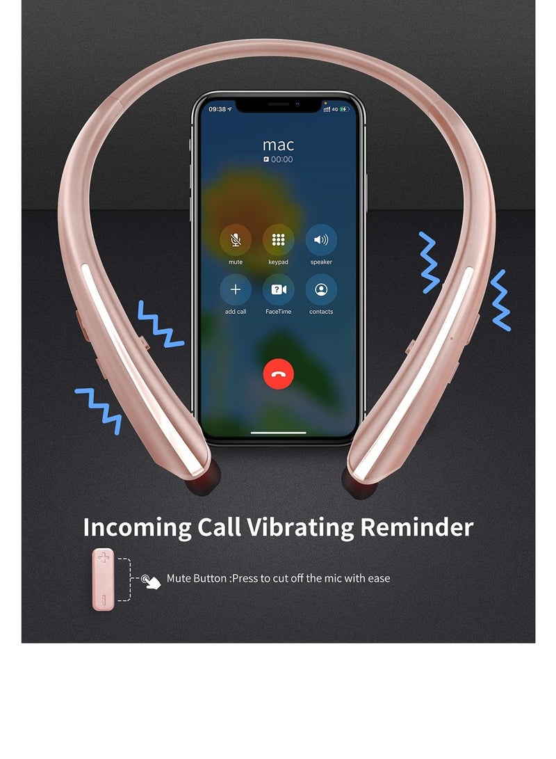 SYOSI Neckband Bluetooth Headphones with Retractable Earbuds, Wireless Noise Cancelling Sport Headset 3D Sound Surround Bluetooth Headphones Call Vibrate Alert Earphones with Mic (Rose Gold) - Image 3
