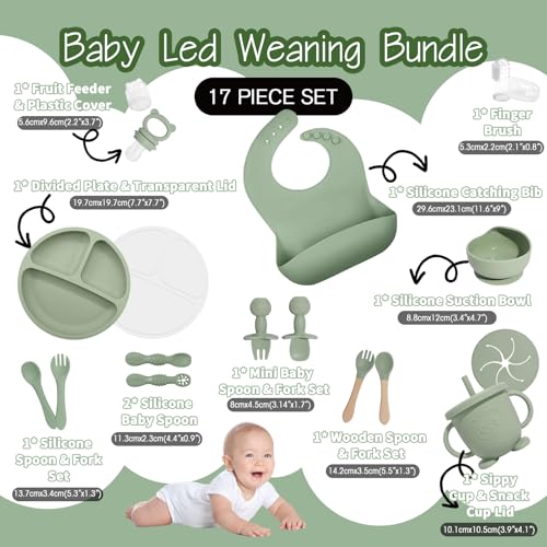 Catvegue Baby Led Weaning Supplies 17 Piece BPAFree Silicone Feeding Set Eating Essentials Baby Utensils with Suction Plate and Bowl Pocket Bib Sippy Cup with Lid for 6 Months Green - Image 3