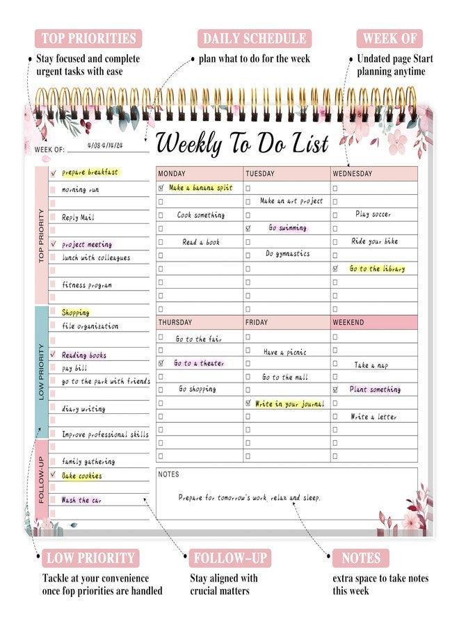 Kamoy Weekly To Do List Notepad with 52 Undated Sheets（8.5"×11"）- Undated Weekly Desk Planner for Women & Man, School/Office Supplies - Whispering Petal - Image 2