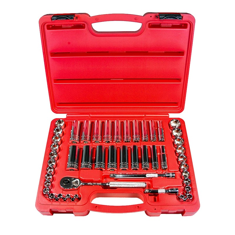 K-Tool International K Tool International 22047 Socket Set with 3/8" Drive for Garages, Repair Shops and DIY, Metric, SAE, 6-Point, Heat-Treated, Chrome Vanadium Steel, Molded Case, Pro-Ratchet, (2) Extensions, 47 Piece - Image 1