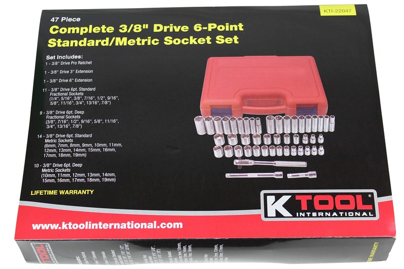 K-Tool International K Tool International 22047 Socket Set with 3/8" Drive for Garages, Repair Shops and DIY, Metric, SAE, 6-Point, Heat-Treated, Chrome Vanadium Steel, Molded Case, Pro-Ratchet, (2) Extensions, 47 Piece - Image 5