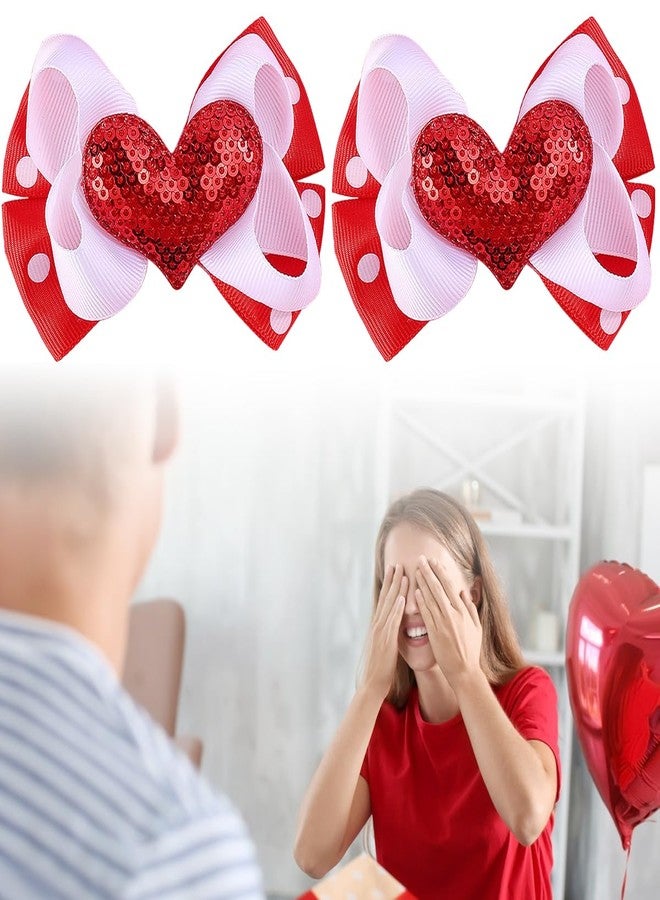 SARATA Valentine Hair Clips Bow knot Red White Heart Sequin Hair Pins Head wear Cute Bow Hair Barrettes Valentine Hairpins Hair Accessories for Girls Women Toddlers Hair Bows 2PCS - Image 5