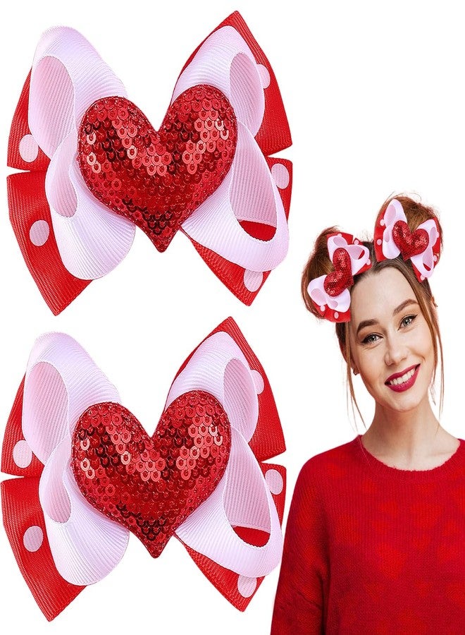 SARATA Valentine Hair Clips Bow knot Red White Heart Sequin Hair Pins Head wear Cute Bow Hair Barrettes Valentine Hairpins Hair Accessories for Girls Women Toddlers Hair Bows 2PCS - Image 1