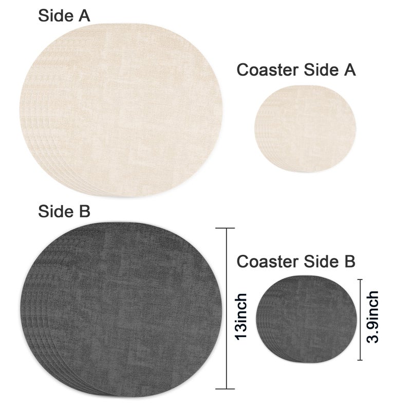 Fyvva 13-Inch Faux Leather Round Placemats Set of 6, Waterproof Anti-Slip Dual Sided Place mats, Heat Resistant Washable Table Mats with Coaster, Suitable for Indoor & Outdoor (6, Black Beige) - Image 2