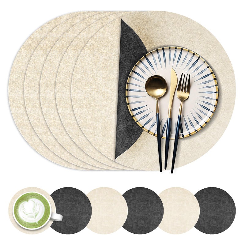Fyvva 13-Inch Faux Leather Round Placemats Set of 6, Waterproof Anti-Slip Dual Sided Place mats, Heat Resistant Washable Table Mats with Coaster, Suitable for Indoor & Outdoor (6, Black Beige) - Image 1