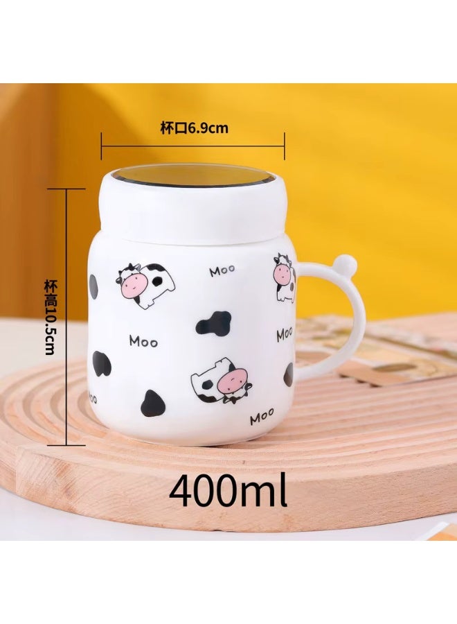 كوب مج حراري بتصميم بقرة لطيف مع غطاء ومقبض – يحافظ على حرارة المشروبات، مناسب للاستخدام اليومي