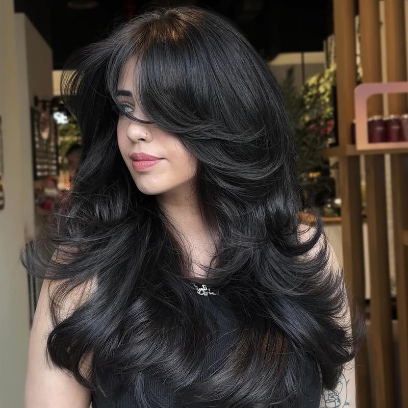 Aisaide Long Wavy Black Layered Wig with Curtain Bangs for Black WomenSynthetic Layered Long Wavy Wig Butterfly Haircut with Thin Hair for Women 24inch1B