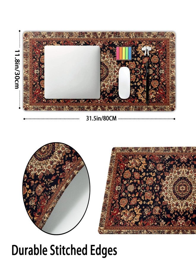 aportt Vintage Rug Gaming Mouse Pad XL Dark Brown Retro Carpet Aesthetic Extended Large Mat Mousepad Desk Pad Non-Slip Rubber Base Stitched Edge Flower Keyboard Pad Playmat for Computer,31.5×11.8 Inch - Image 2