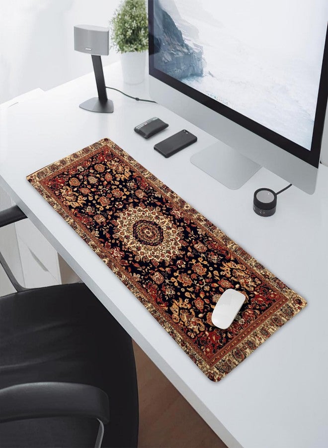 aportt Vintage Rug Gaming Mouse Pad XL Dark Brown Retro Carpet Aesthetic Extended Large Mat Mousepad Desk Pad Non-Slip Rubber Base Stitched Edge Flower Keyboard Pad Playmat for Computer,31.5×11.8 Inch - Image 5