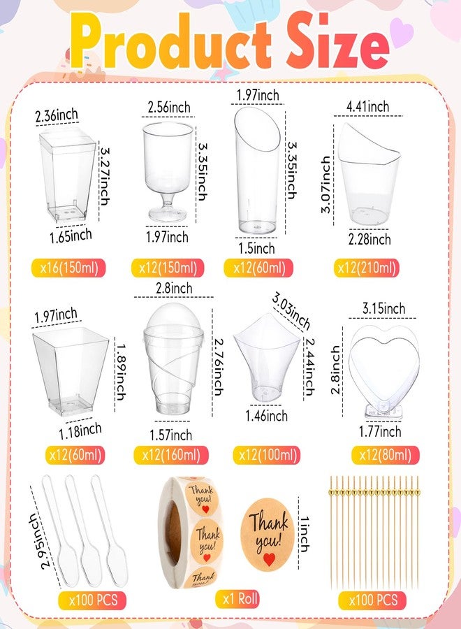 LemonRoad 300 Pack 2/3/5/7oz Plastic Dessert Cups Set 8 Styles Clear Plastic Dessert Cups with 100 Spoons 100 Toothpicks 500 Sticker for Serving Fruit Trifle Mousse Ice Cream Pudding(Elegant) - Image 2
