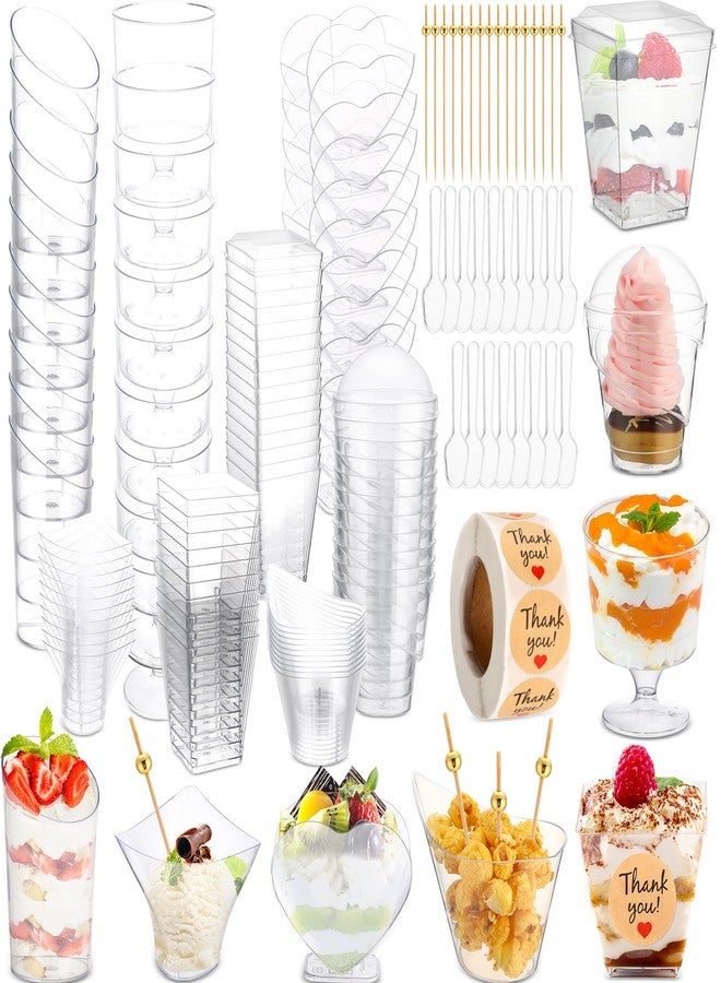 LemonRoad 300 Pack 2/3/5/7oz Plastic Dessert Cups Set 8 Styles Clear Plastic Dessert Cups with 100 Spoons 100 Toothpicks 500 Sticker for Serving Fruit Trifle Mousse Ice Cream Pudding(Elegant) - Image 1