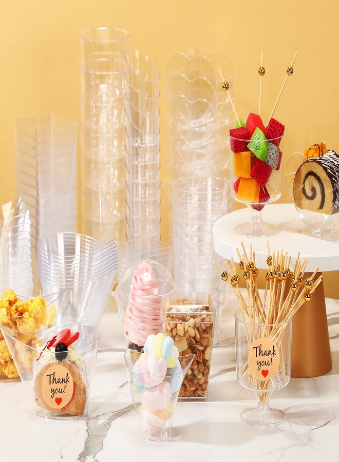 LemonRoad 300 Pack 2/3/5/7oz Plastic Dessert Cups Set 8 Styles Clear Plastic Dessert Cups with 100 Spoons 100 Toothpicks 500 Sticker for Serving Fruit Trifle Mousse Ice Cream Pudding(Elegant) - Image 3