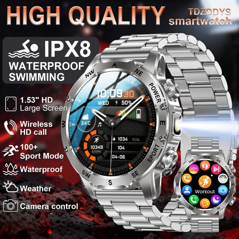 TDZDDYS Smart Watch for Men with Flashlight, Bluetooth Calling, 100+ Sport Modes, 800mAh, IPX8 Waterproof Fitness Tracker for Workout, iOS Android Compatible， Gift For Him (White steel) - Image 2