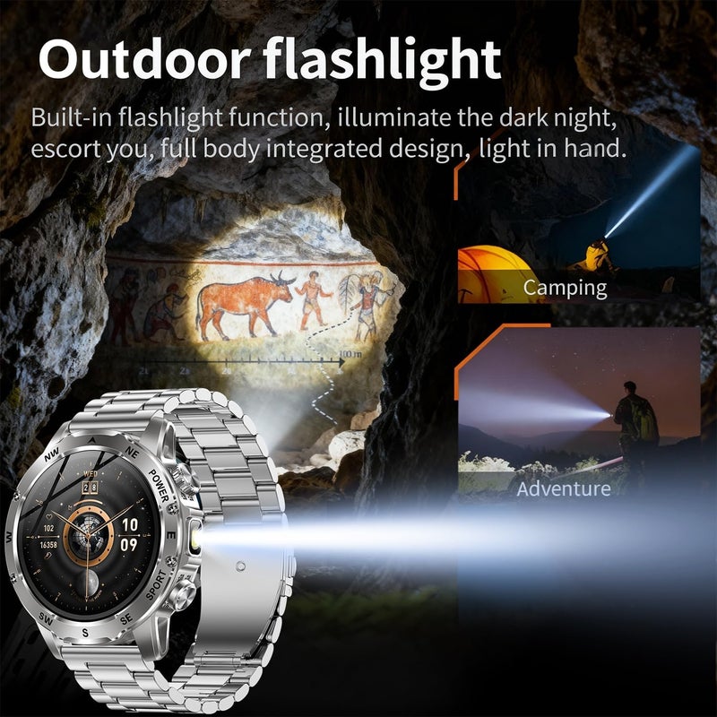 TDZDDYS Smart Watch for Men with Flashlight, Bluetooth Calling, 100+ Sport Modes, 800mAh, IPX8 Waterproof Fitness Tracker for Workout, iOS Android Compatible， Gift For Him (White steel) - Image 5