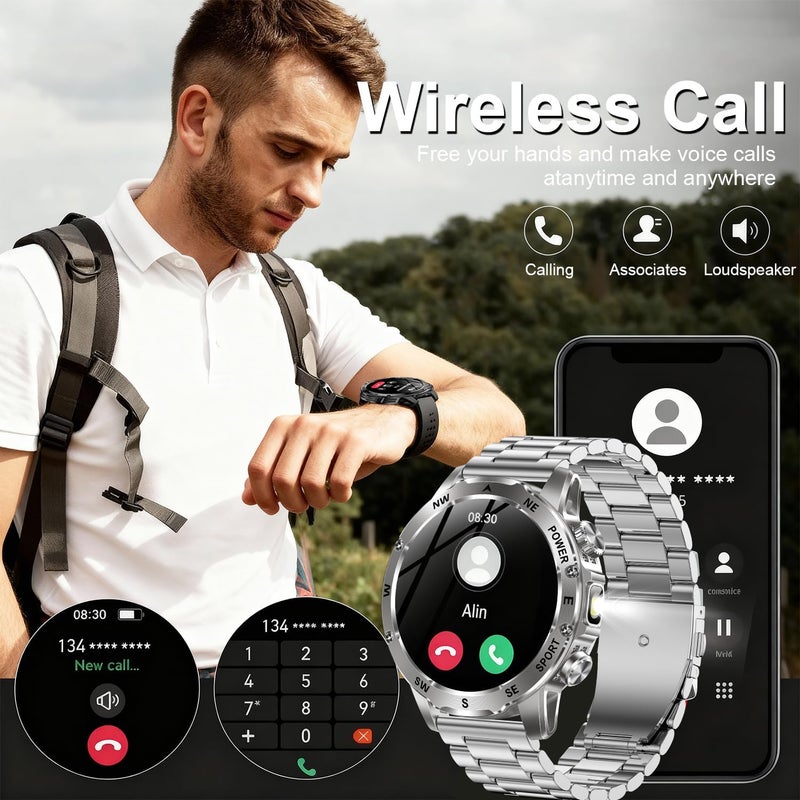 TDZDDYS Smart Watch for Men with Flashlight, Bluetooth Calling, 100+ Sport Modes, 800mAh, IPX8 Waterproof Fitness Tracker for Workout, iOS Android Compatible， Gift For Him (White steel) - Image 3