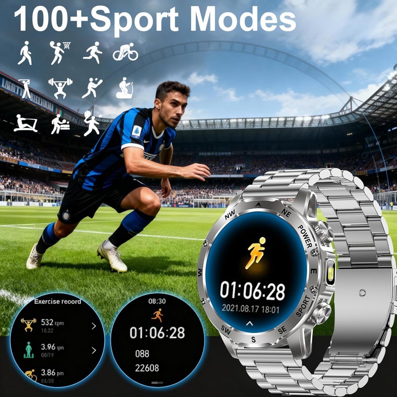 TDZDDYS Smart Watch for Men with Flashlight, Bluetooth Calling, 100+ Sport Modes, 800mAh, IPX8 Waterproof Fitness Tracker for Workout, iOS Android Compatible， Gift For Him (White steel) - Image 4