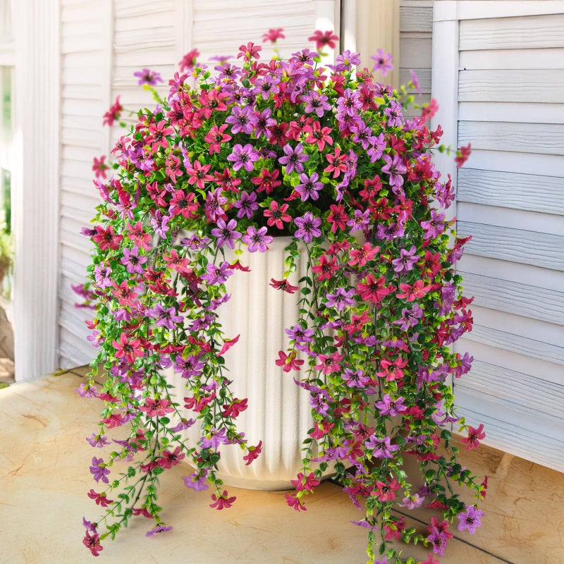 ZFProcess Artificial Hanging Flowers for Outdoors, 2 Pcs Fake Hanging Plant Spring Summer Decor, UV Resistant No Fade Realistic Faux Flower for Front Door Porch Planter Patio Garden Yard(Light Purple Red) - Image 1
