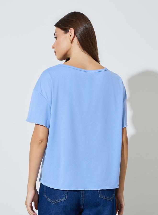 Styli Blue Plain Front Pocket Boxy T-Shirt - Image 4