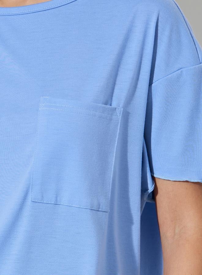 Styli Blue Plain Front Pocket Boxy T-Shirt - Image 3