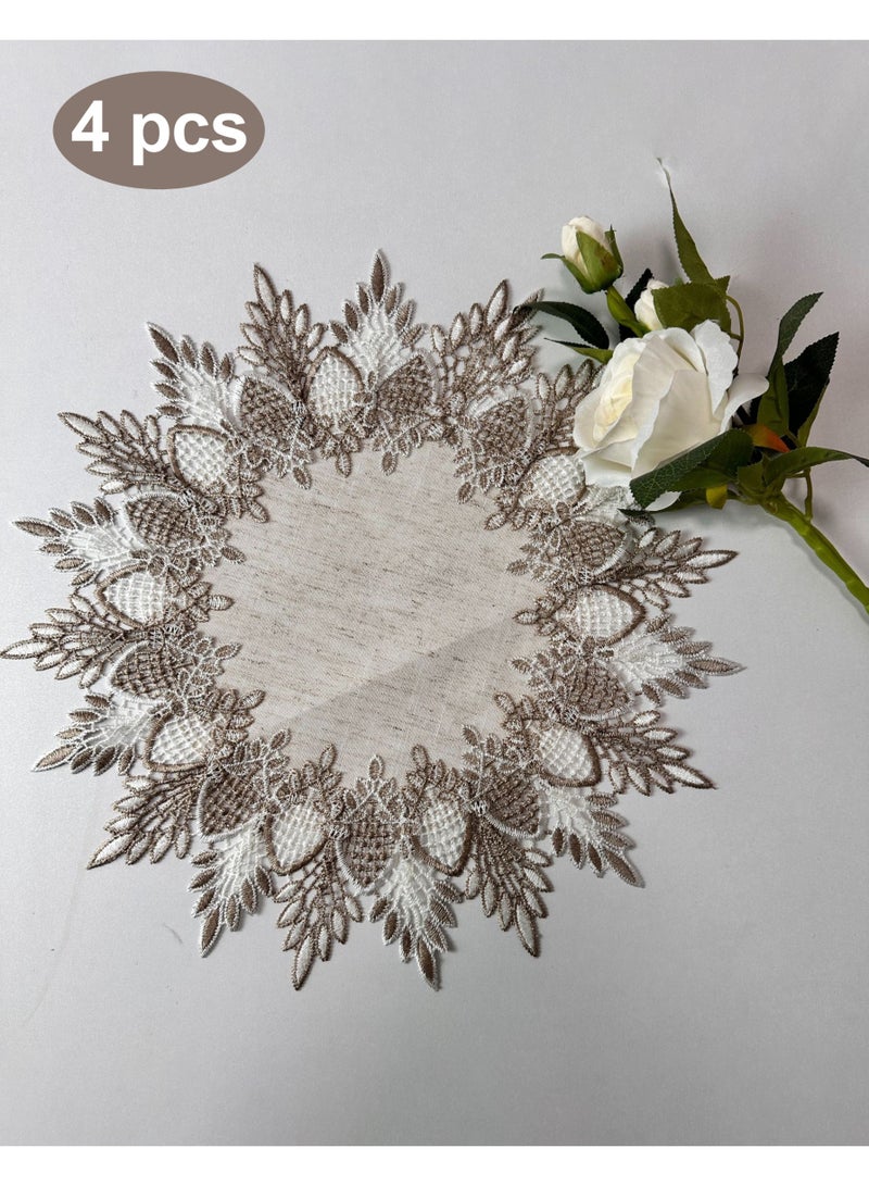 Bukela Natural Linen Doilies, 4 Pcs 38cm Round Lace Doilies for Tables Neutral Earth Tones Beige Table Topper Vintage Rustic Macrame Place Mats for Home Kitchen Dining Coffee Table Dresser Tea Party - Image 1