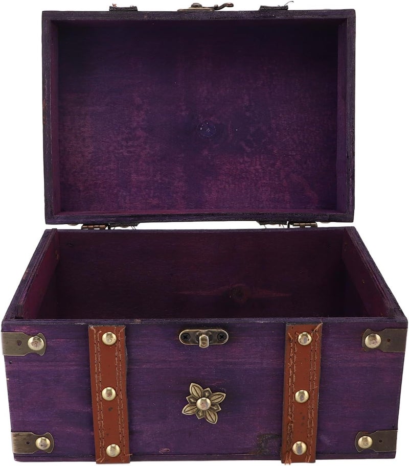 NOENNULL Vintage Treasure Chest Box Wooden Small Wooden Treasure Chest Jewelry Storage Box Decorative Treasure Chest for Home Bedroom Decor (Purple) - Image 3