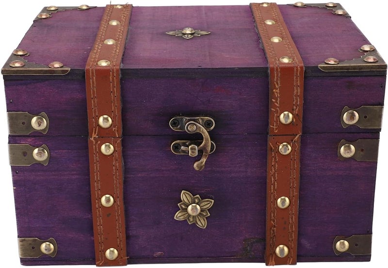 NOENNULL Vintage Treasure Chest Box Wooden Small Wooden Treasure Chest Jewelry Storage Box Decorative Treasure Chest for Home Bedroom Decor (Purple) - Image 1