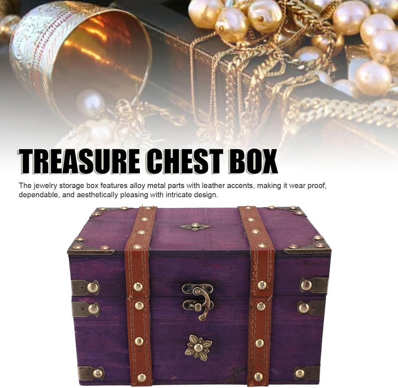 NOENNULL Vintage Treasure Chest Box Wooden Small Wooden Treasure Chest Jewelry Storage Box Decorative Treasure Chest for Home Bedroom Decor (Purple) - Image 4