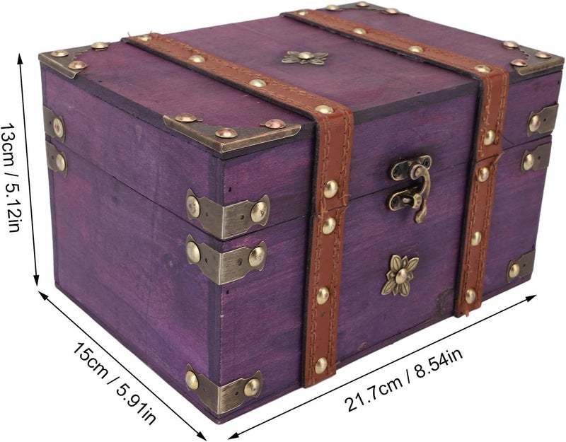 NOENNULL Vintage Treasure Chest Box Wooden Small Wooden Treasure Chest Jewelry Storage Box Decorative Treasure Chest for Home Bedroom Decor (Purple) - Image 2